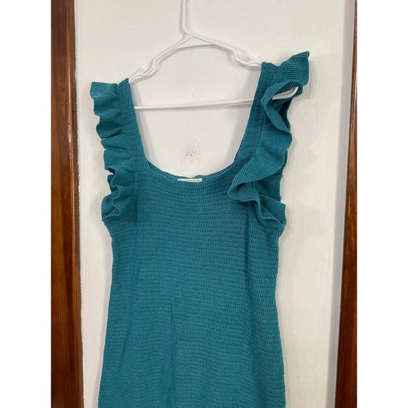 Anthropologie Ruffled Pointelle Knit Mini Dress Square Neck Blue Medium - Picture 5 of 9
